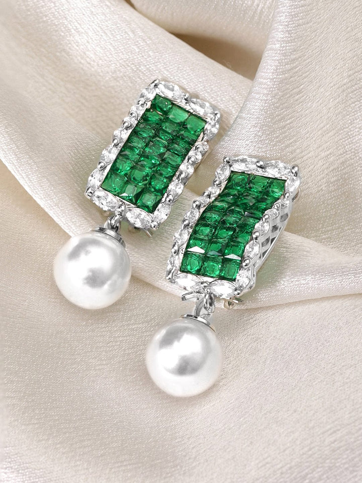 Rubans Rhodium Plated Emerald Green Zirconia Studded Pearl Dangle Earring Earrings