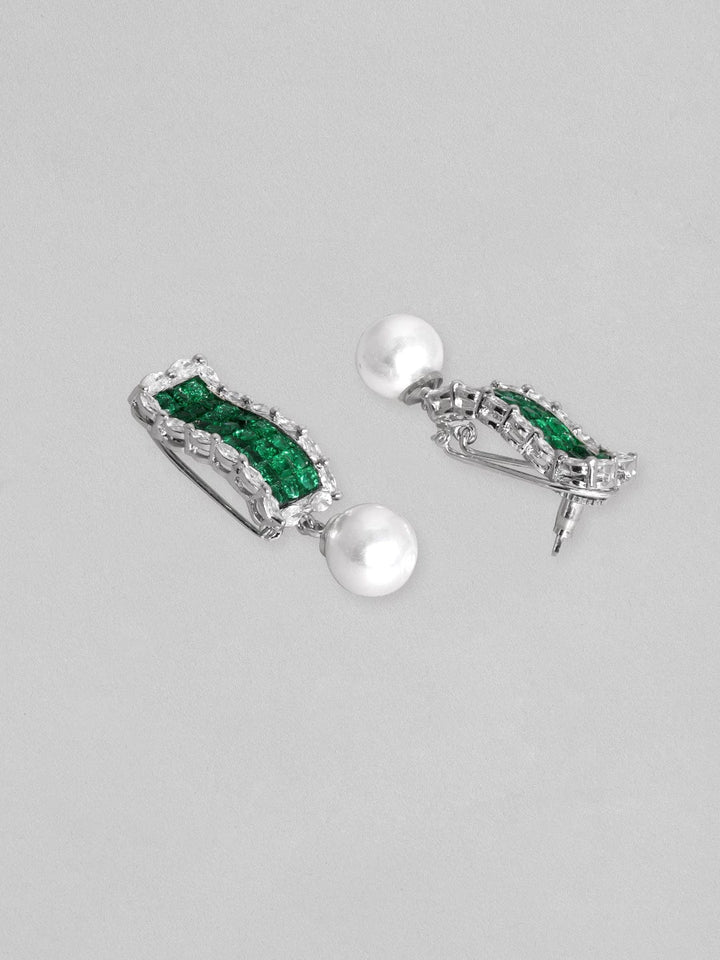 Rubans Rhodium Plated Emerald Green Zirconia Studded Pearl Dangle Earring Earrings