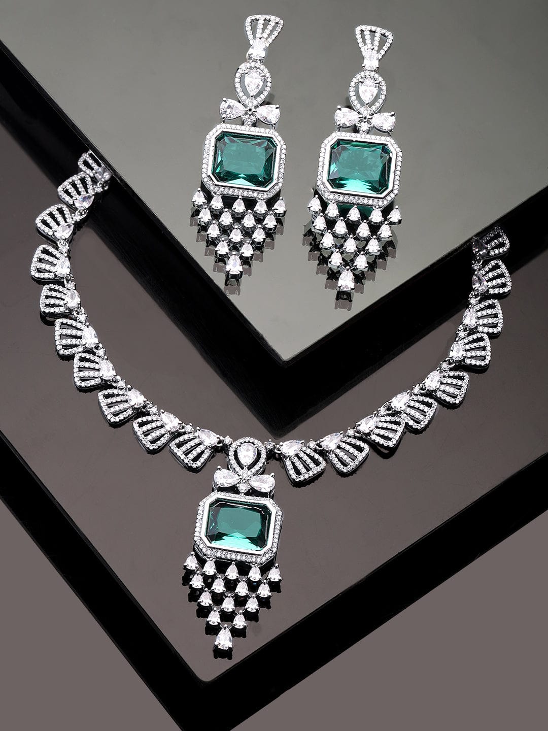 Rubans Rhodium Plated Emerald Green Zirconia Studded Pendant statement Necklace Set Jewellery Sets
