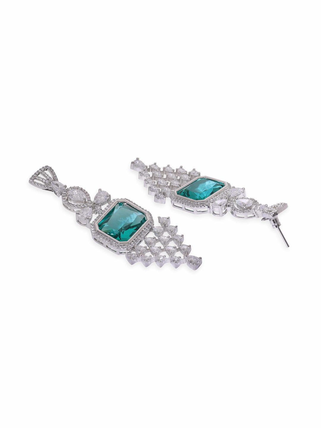 Rubans Rhodium Plated Emerald Green Zirconia Studded Pendant statement Necklace Set Jewellery Sets