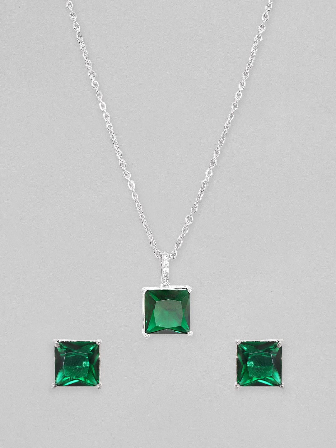 Rubans Rhodium Plated Emerald Green Zirconia Studded Pricess Cut Pendant Set Necklace Set