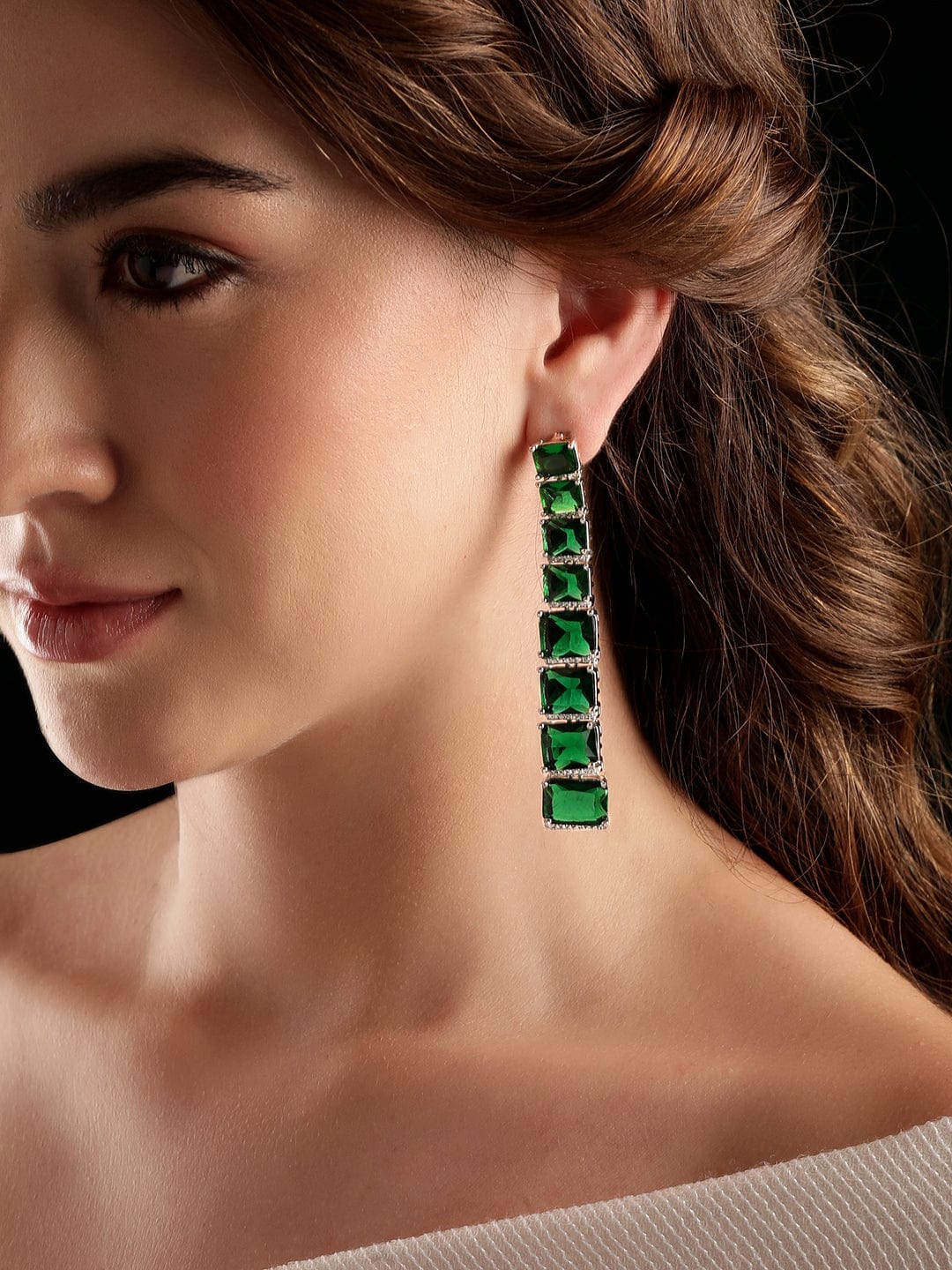 Rubans Rhodium Plated Emerald Green Zirconia Studded Statement Dangle Earrings Earrings