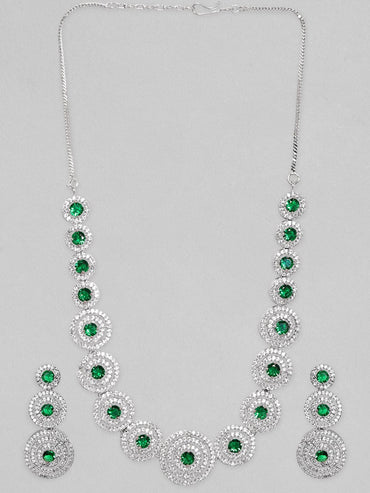 Rubans Rhodium Plated Emerald Green Zircons Studded Jewellery Set Necklace Set