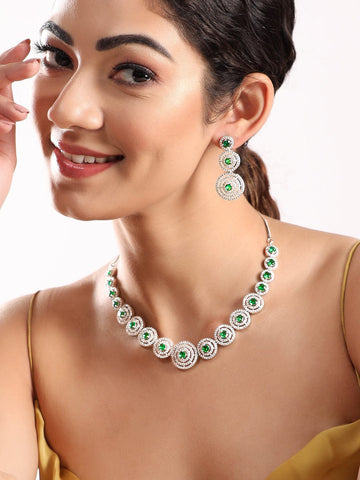 Rubans Rhodium Plated Emerald Green Zircons Studded Jewellery Set Necklace Set