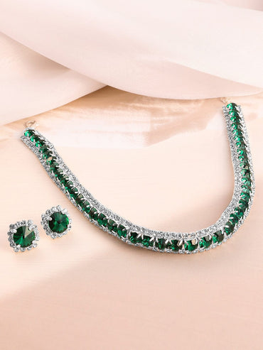 Rubans Rhodium Plated Emerald Stone-Studded Jewellery Set Jewellery Set
