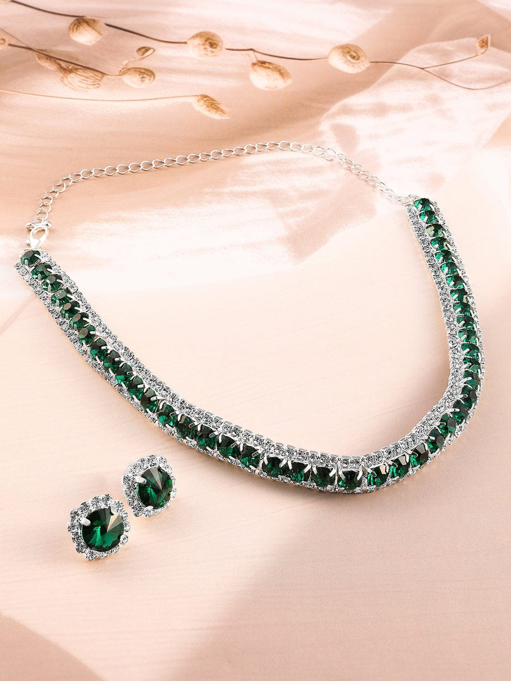 Rubans Rhodium Plated Emerald Stone-Studded Jewellery Set Jewellery Set