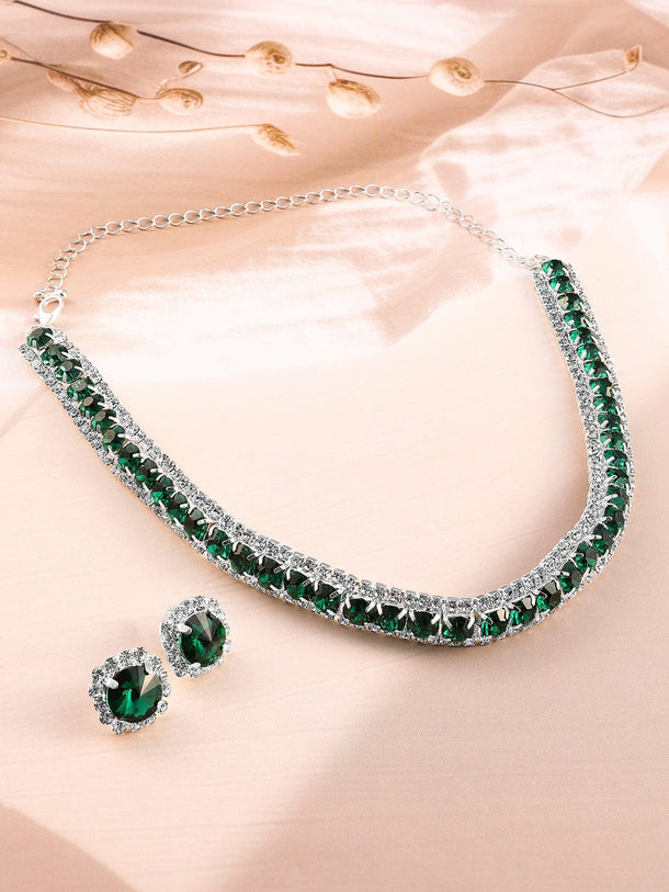 Rubans Rhodium Plated Emerald Stone-Studded Jewellery Set Jewellery Set