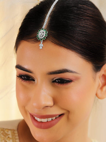 Rubans Rhodium-Plated Emerald & White Cubic Zirconia Maang Tikka Head Jewellery