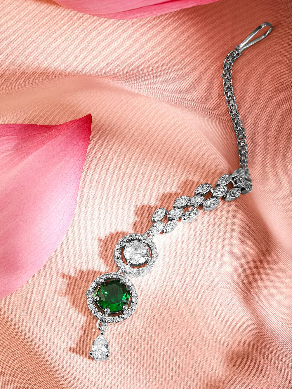 Rubans Rhodium Plated Emerald & White Cubic Zirconia Maang Tikka Head Jewellery