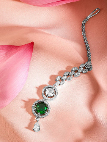 Rubans Rhodium Plated Emerald & White Cubic Zirconia Maang Tikka Head Jewellery