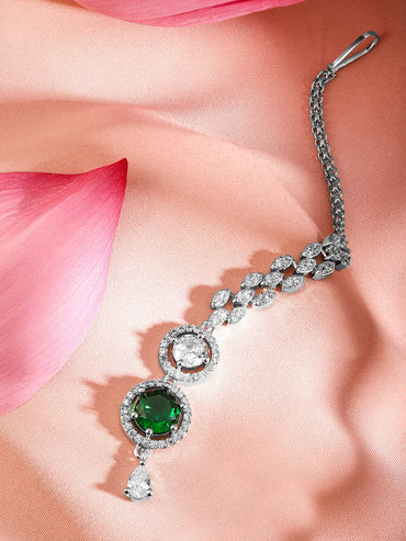 Rubans Rhodium Plated Emerald & White Cubic Zirconia Maang Tikka Head Jewellery