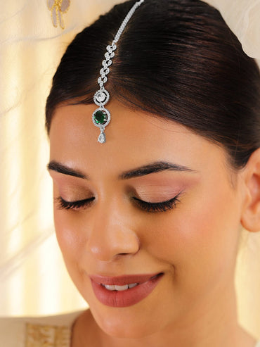 Rubans Rhodium Plated Emerald & White Cubic Zirconia Maang Tikka Maang Tikka