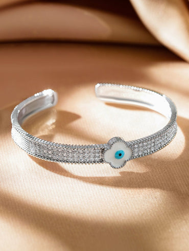 Rubans Rhodium-Plated Evil Eye Cuff Bracelet with Cubic Zirconia Detailing Wristwear