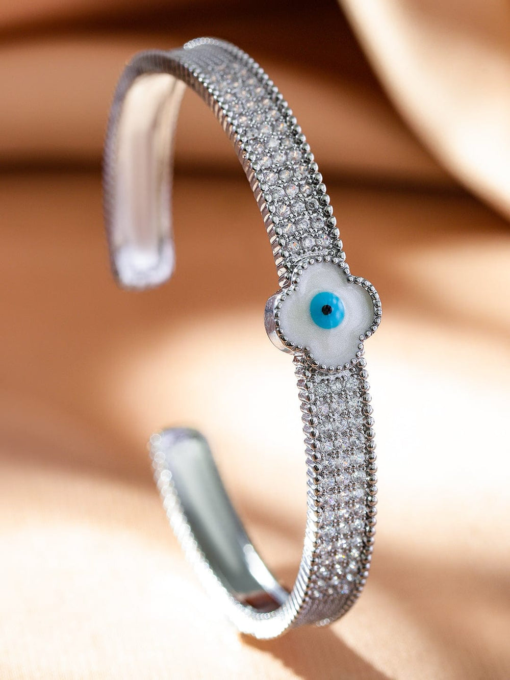 Rubans Rhodium-Plated Evil Eye Cuff Bracelet with Cubic Zirconia Detailing Wristwear