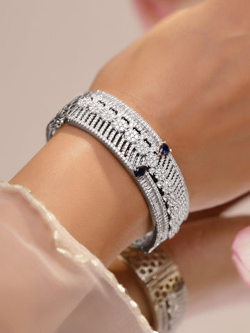 Rubans Rhodium-Plated Floral Design Bracelet with Blue Sapphire & Cubic Zirconia Accents Bangles & Bracelet