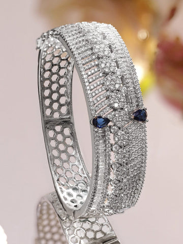 Rubans Rhodium-Plated Floral Design Bracelet with Blue Sapphire & Cubic Zirconia Accents Wristwear