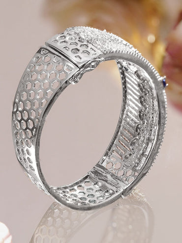 Rubans Rhodium-Plated Floral Design Bracelet with Blue Sapphire & Cubic Zirconia Accents Wristwear