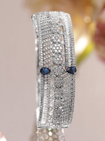 Rubans Rhodium-Plated Floral Design Bracelet with Blue Sapphire & Cubic Zirconia Accents Wristwear