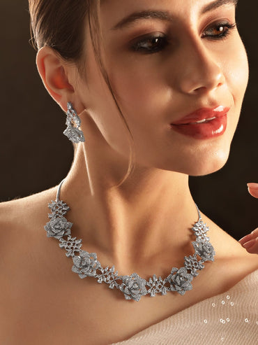 Rubans Rhodium plated Floral motif pave AD Studded Necklace set Jewellery Sets