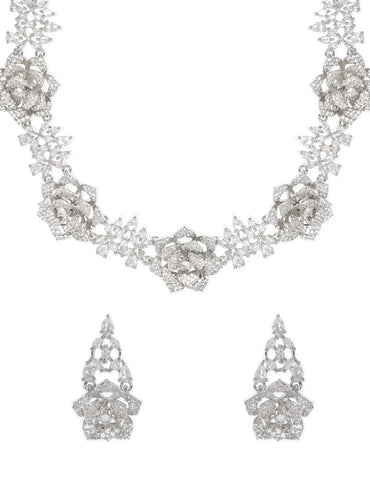 Rubans Rhodium plated Floral motif pave AD Studded Necklace set Jewellery Sets