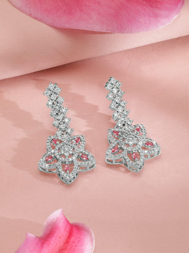 Rubans Rhodium-Plated Floral Shape Sapphire & CZ Studded Necklace & Earrings Jewellery Set