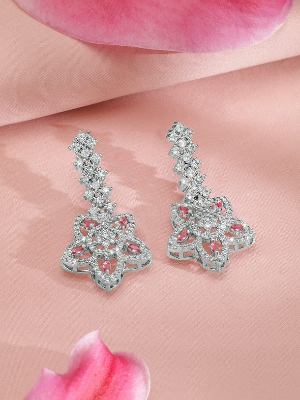 Rubans Rhodium-Plated Floral Shape Sapphire & CZ Studded Necklace & Earrings Jewellery Set