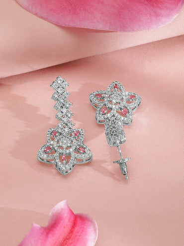Rubans Rhodium-Plated Floral Shape Sapphire & CZ Studded Necklace & Earrings Jewellery Set