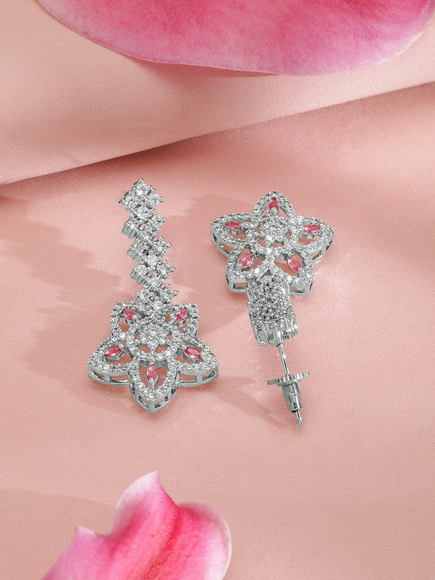 Rubans Rhodium-Plated Floral Shape Sapphire & CZ Studded Necklace & Earrings Jewellery Set