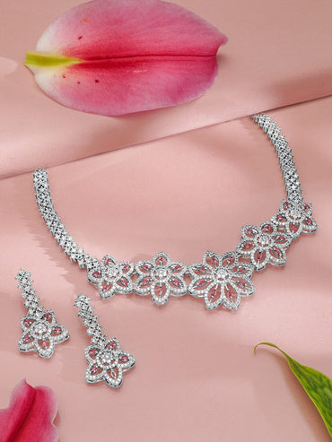 Rubans Rhodium-Plated Floral Shape Sapphire & CZ Studded Necklace & Earrings Jewellery Set