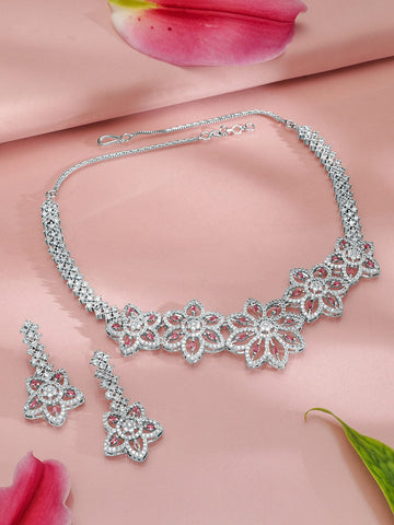 Rubans Rhodium-Plated Floral Shape Sapphire & CZ Studded Necklace & Earrings Jewellery Set