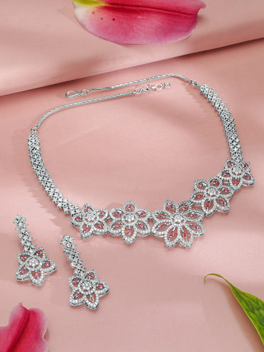 Rubans Rhodium-Plated Floral Shape Sapphire & CZ Studded Necklace & Earrings Jewellery Set