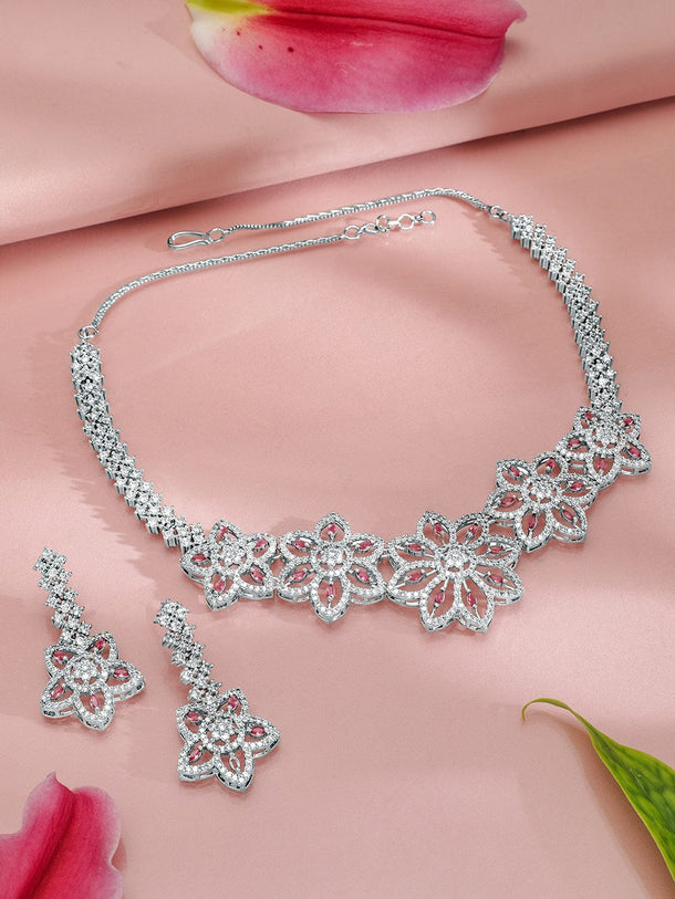 Rubans Rhodium-Plated Floral Shape Sapphire & CZ Studded Necklace & Earrings Jewellery Set