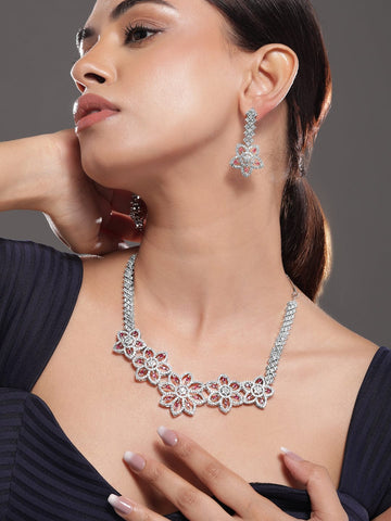 Rubans Rhodium-Plated Floral Shape Sapphire & CZ Studded Necklace & Earrings Necklace Set