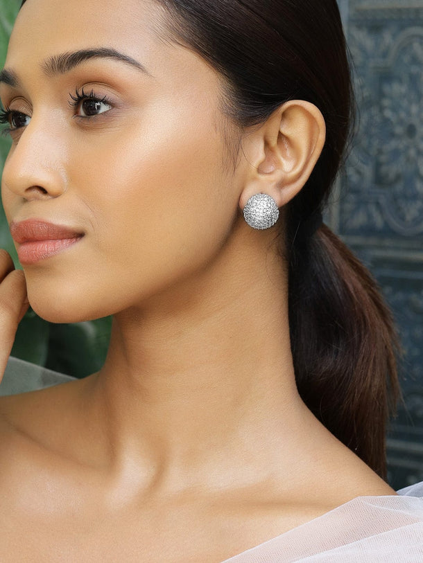 Rubans Rhodium-Plated Fully Cubic Zirconia-Studded Dome-Shaped Statement Stud Earrings Earrings