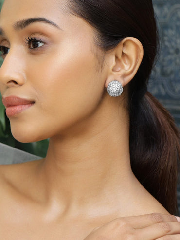 Rubans Rhodium-Plated Fully Cubic Zirconia-Studded Dome-Shaped Statement Stud Earrings Earrings
