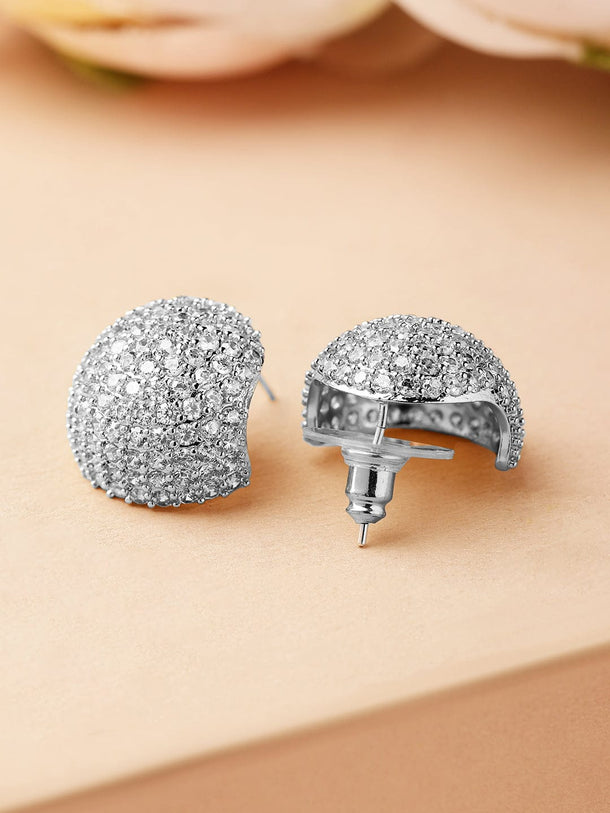 Rubans Rhodium-Plated Fully Cubic Zirconia-Studded Dome-Shaped Statement Stud Earrings Earrings