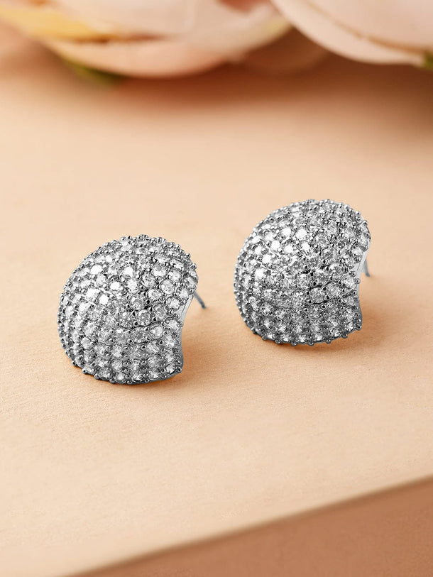 Rubans Rhodium-Plated Fully Cubic Zirconia-Studded Dome-Shaped Statement Stud Earrings Earrings
