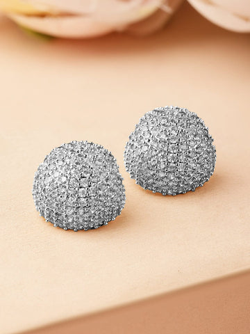 Rubans Rhodium-Plated Fully Cubic Zirconia-Studded Dome-Shaped Statement Stud Earrings Earrings