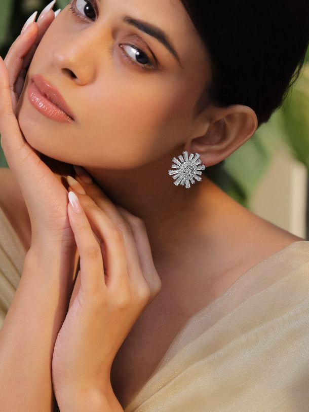 Rubans Rhodium-Plated Geometric Cubic Zirconia Stud Earrings Earrings