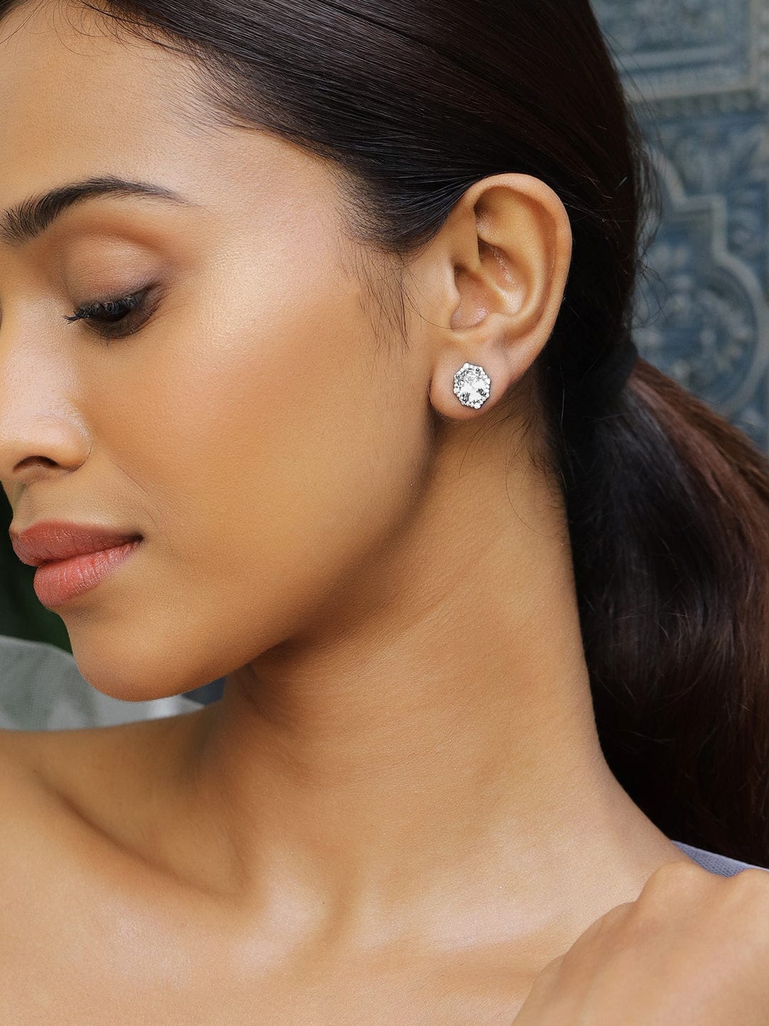 Rubans Rhodium-Plated Geometric Oval Cubic Zirconia Studded Statement Stud Earrings Earrings