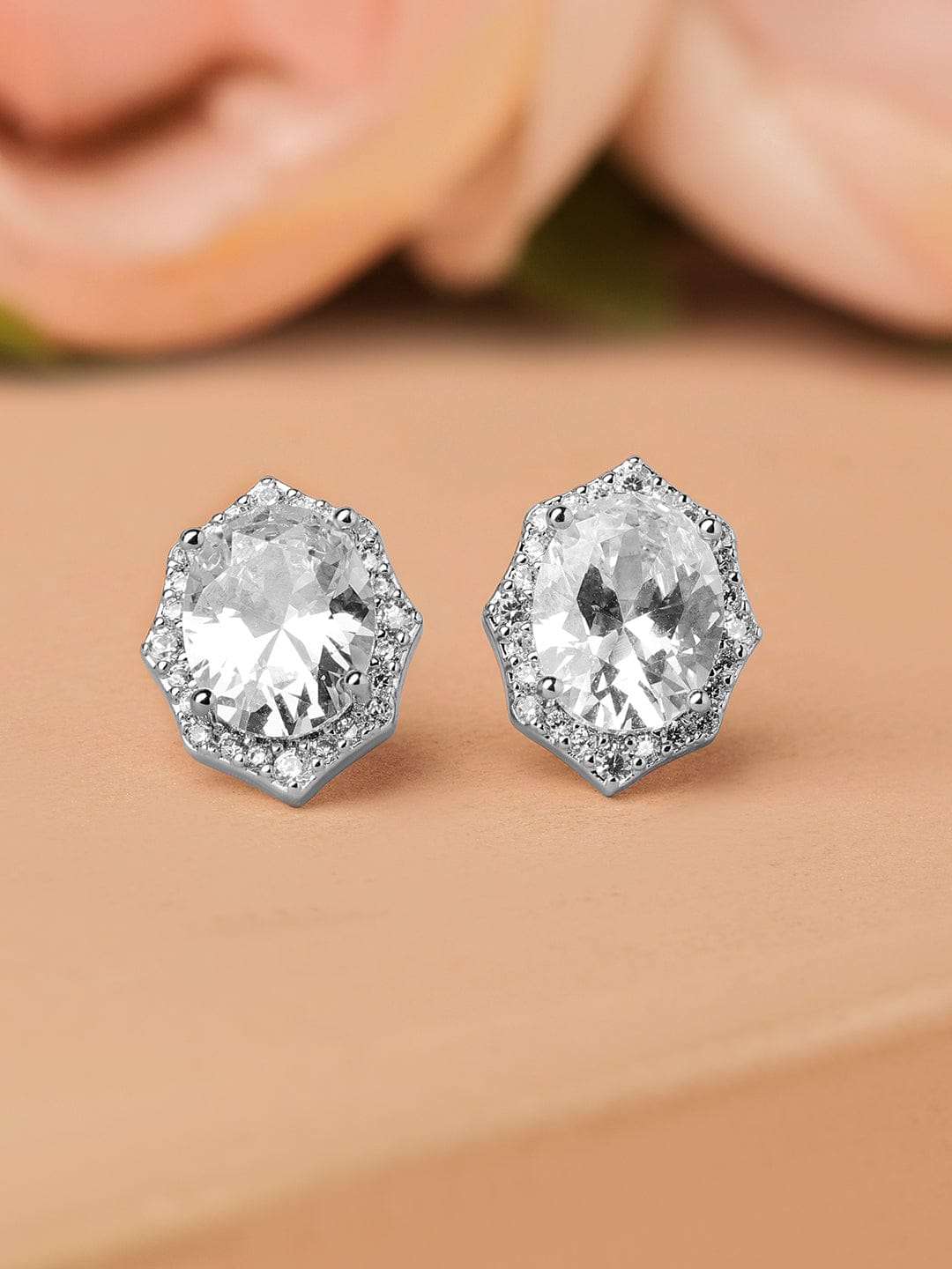 Rubans Rhodium-Plated Geometric Oval Cubic Zirconia Studded Statement Stud Earrings Earrings