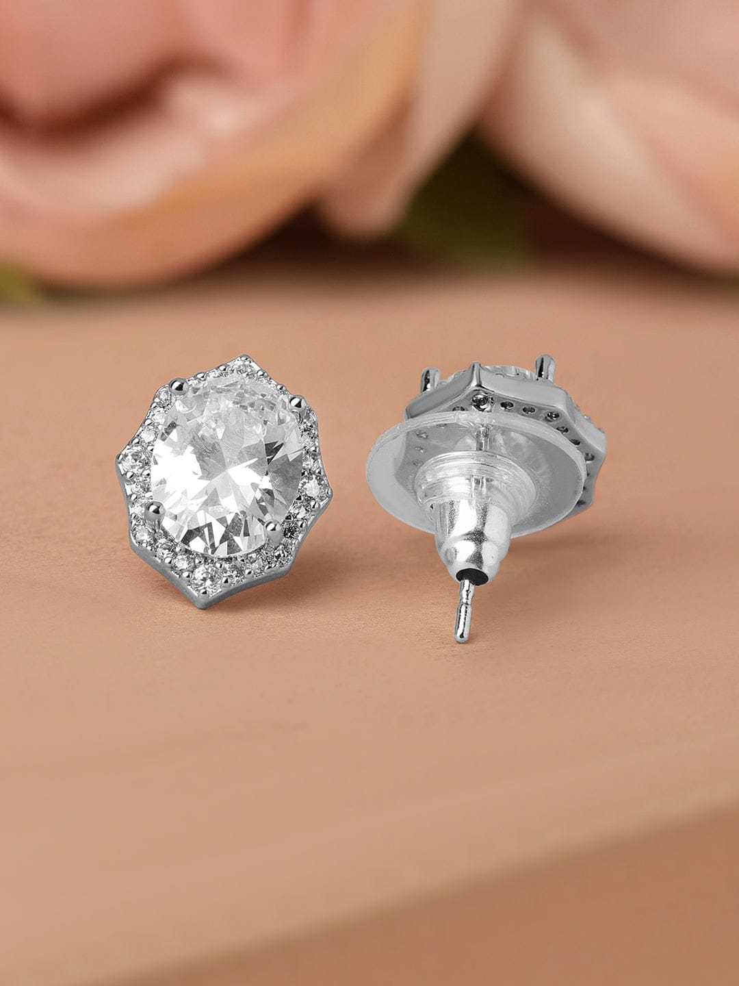 Rubans Rhodium-Plated Geometric Oval Cubic Zirconia Studded Statement Stud Earrings Earrings