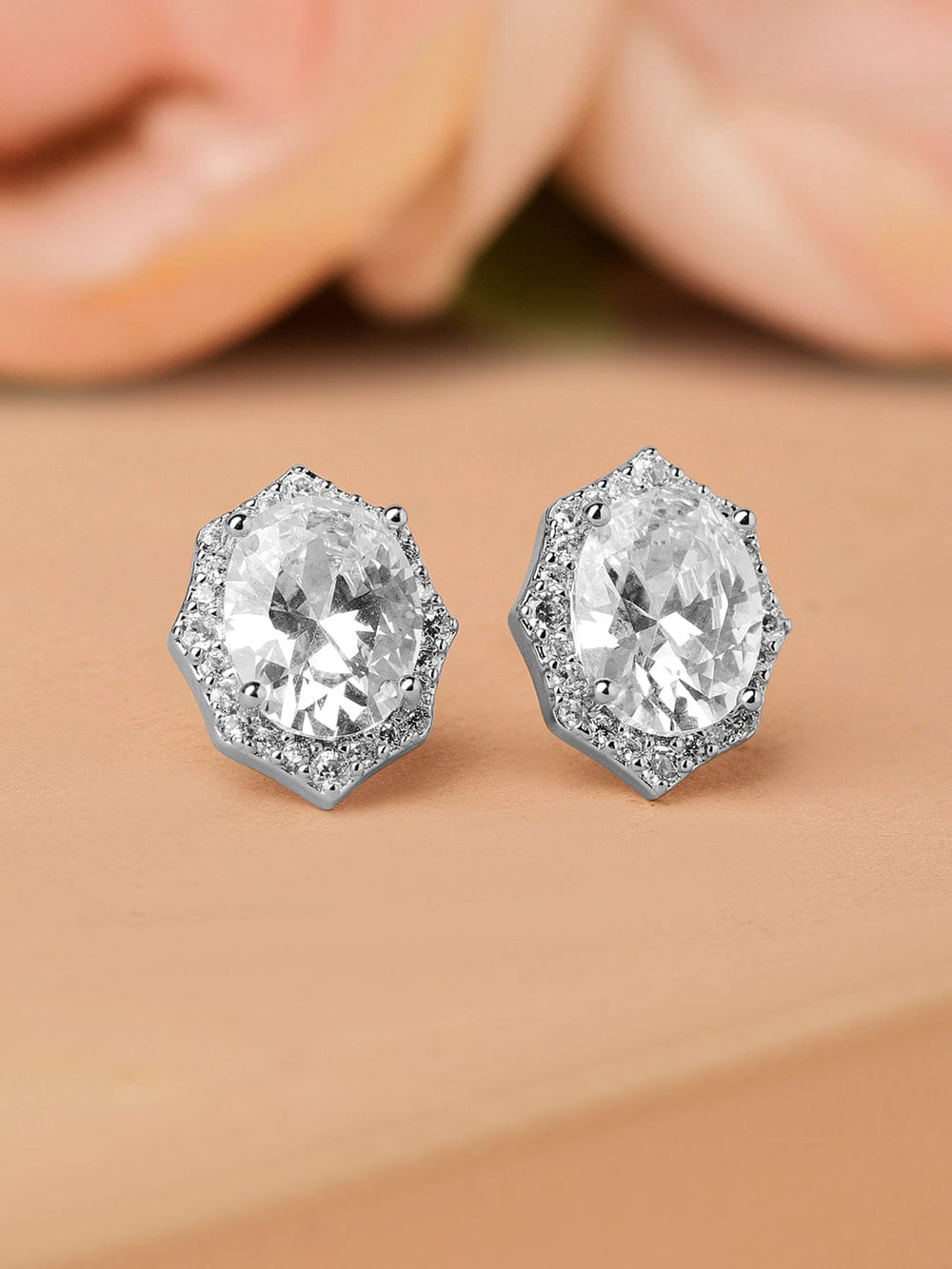 Rubans Rhodium-Plated Geometric Oval Cubic Zirconia Studded Statement Stud Earrings Earrings