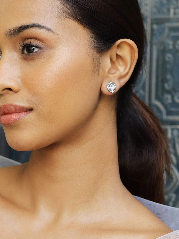 Rubans Rhodium-Plated Geometric Oval Cubic Zirconia Studded Statement Stud Earrings Earrings