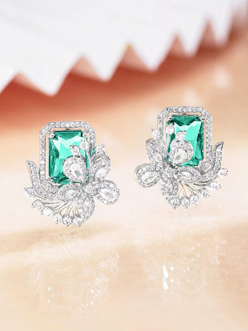 Rubans Rhodium plated Green Zirconia Statement stud Earring Earrings