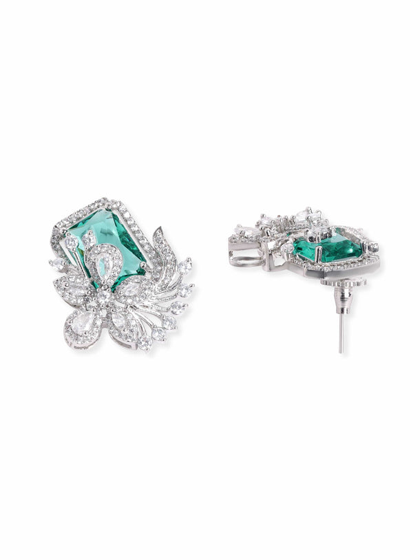 Rubans Rhodium plated Green Zirconia Statement stud Earring Earrings