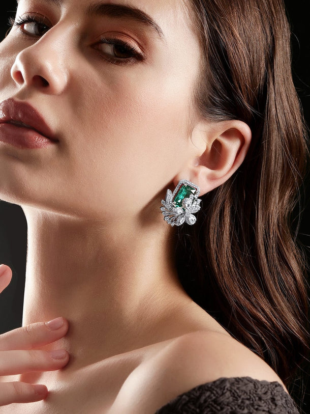 Rubans Rhodium plated Green Zirconia Statement stud Earring Earrings