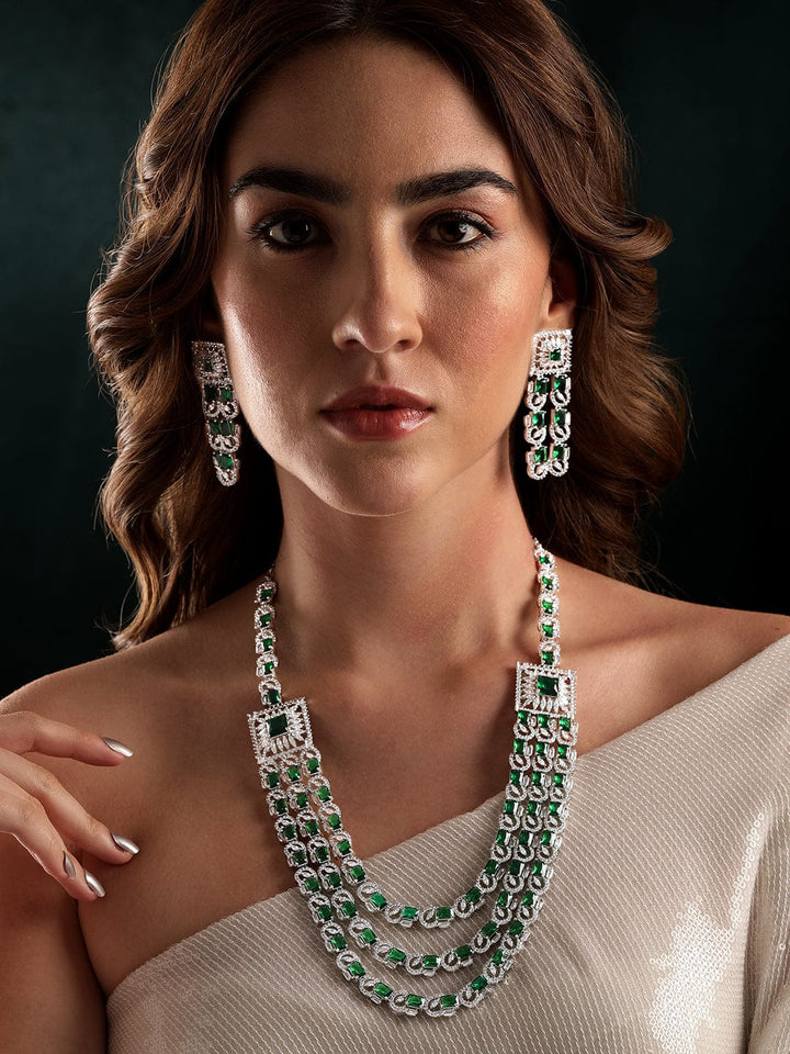 Rubans Rhodium Plated Green Zirconia Tri-Layer Luxury Necklace Set Jewellery Sets