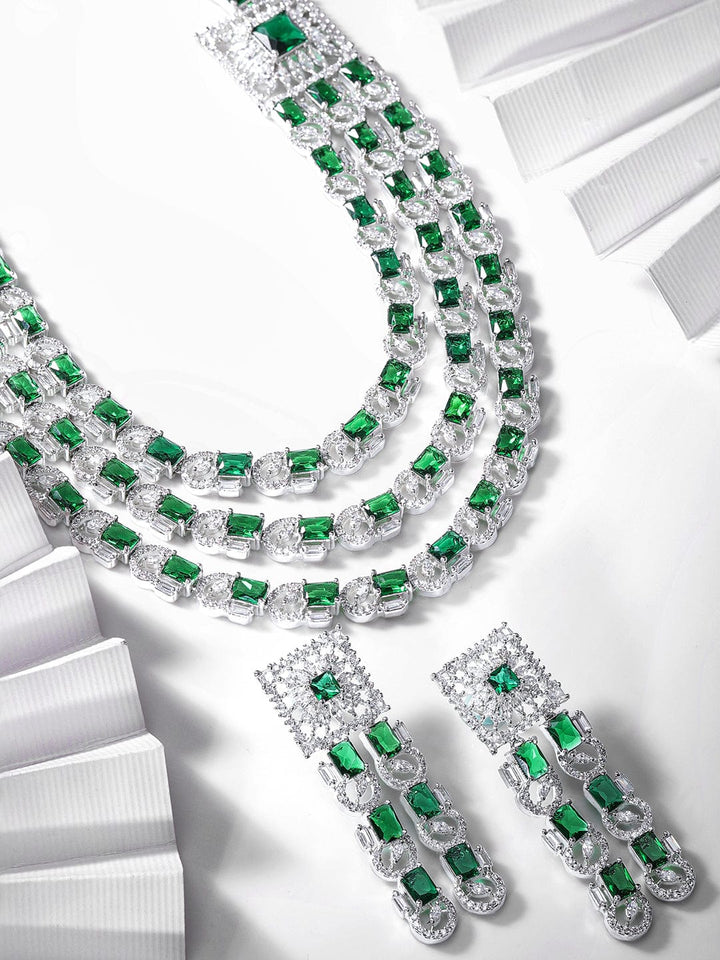 Rubans Rhodium Plated Green Zirconia Tri-Layer Luxury Necklace Set Jewellery Sets