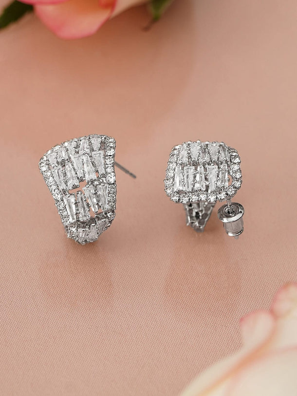 Rubans Rhodium-Plated Half Hoop Earrings with Baguette & Round Cubic Zirconia Studs Earrings